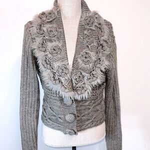 Roz & Ali Cable Knit Faux Fur Crocheted buttons & embellish Sz PL * Host Pick *